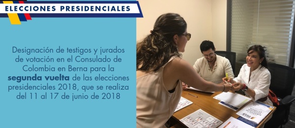 Designación de testigos y jurados de votación en el Consulado de Colombia en Berna para la segunda vuelta de las elecciones presidenciales 2018, que se realiza del 11 al 17 de junio de 2018