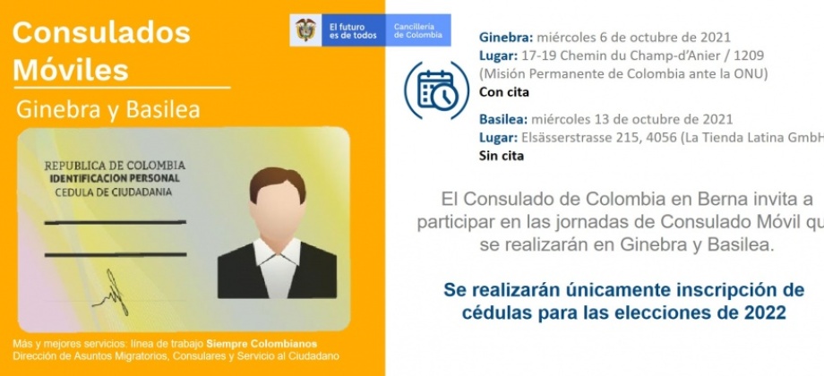 Consulado de Colombia en Berna realizará jornadas de Consulado Móvil para inscripción electoral en Ginebra, 6 de octubre, y Basilea, 13 de octubre de 2021