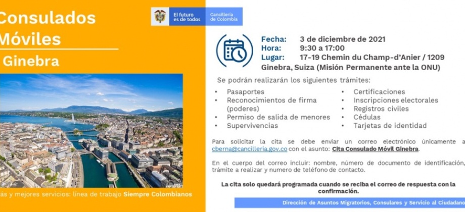 Consulado de Colombia en Berna realizará la jornada de Consulado Móvil en Ginebra el 3 de diciembre  de 2021