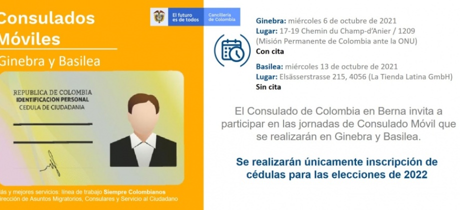 Consulado de Colombia en Berna realizará jornadas de Consulado Móvil para inscripción electoral en Ginebra, 6 de octubre, y Basilea, 13 de octubre de 2021