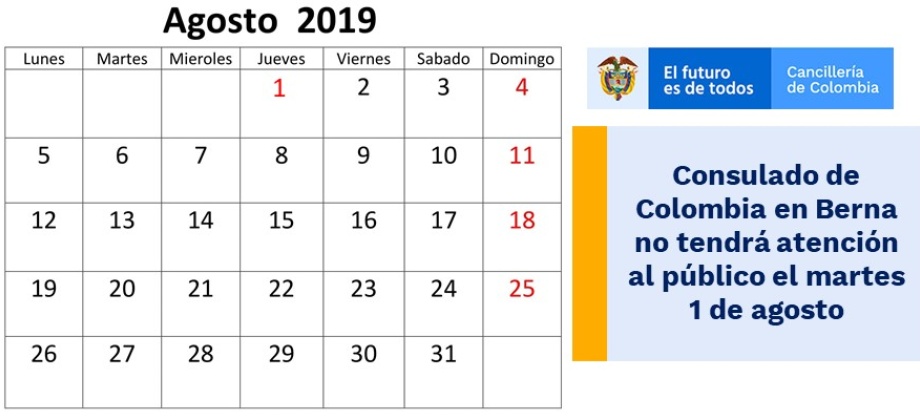 Consulado de Colombia en Berna no tendrá atención al público el martes 1 de agosto de 2019