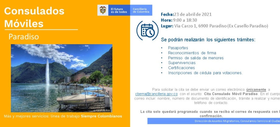 Consulado de Colombia en Berna realizará el Consulado Móvil en Paradiso el 23 de abril