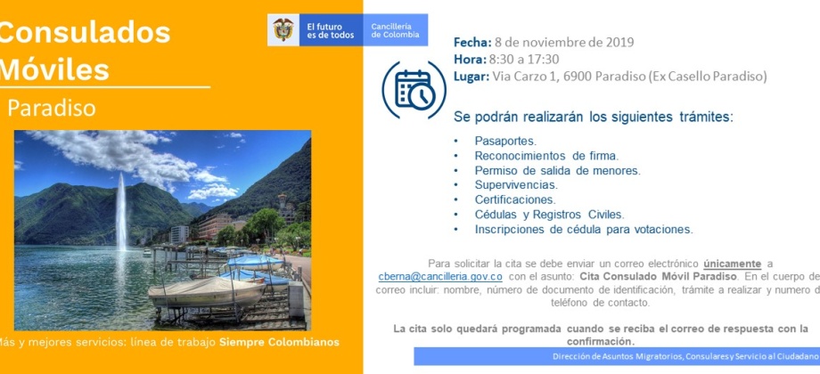 Consulado de Colombia en Berna realizará la jornada de Consulado Móvil en Paradiso el 8 de noviembre de 2019