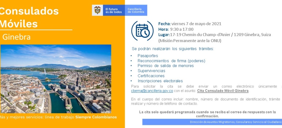 El Consulado de Colombia en Berna realizará la jornada de Consulado Móvil en Ginebra el 7 de mayo 