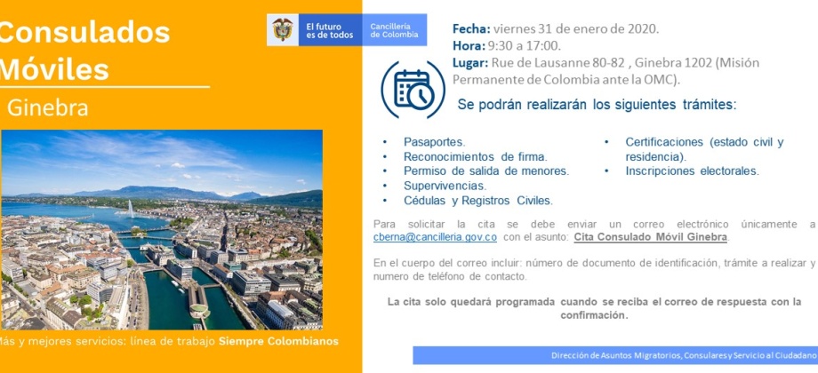 Consulado de Colombia en Berna realizará la jornada de Consulado Móvil en la Misión Permanente de Colombia en la OMC
