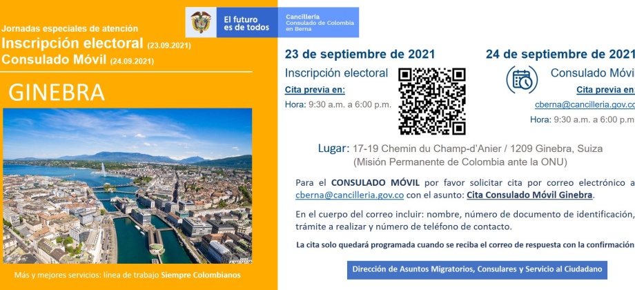 Consulado de Colombia en Berna llegará a Ginebra con una jornada de inscripción electoral y un Consulado Móvil, los días 23 y 24 de septiembre de 2021