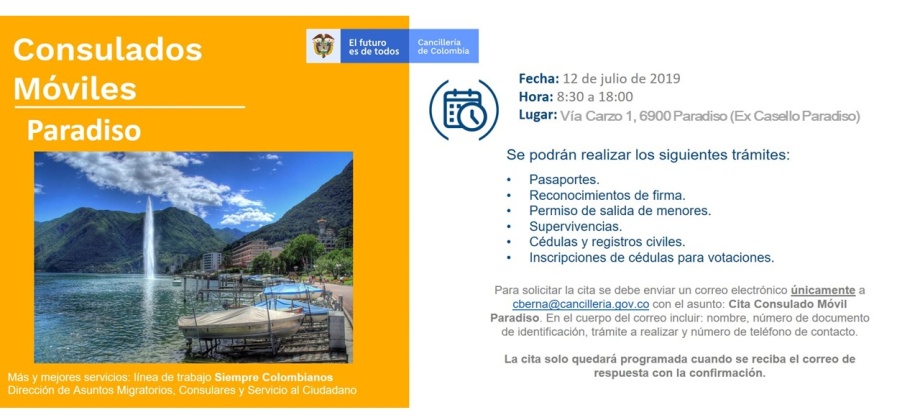 El Consulado de Colombia en Berna realizará un Consulado Móvil en Paradiso el 12 de julio de 2019