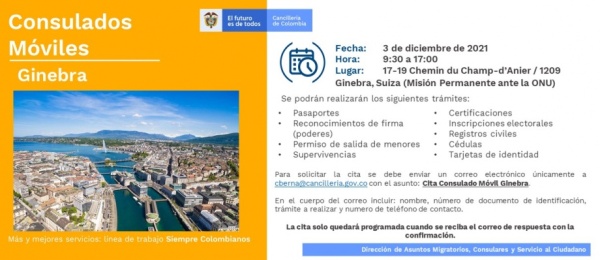 Consulado de Colombia en Berna realizará la jornada de Consulado Móvil en Ginebra el 3 de diciembre  de 2021