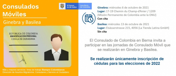 Consulado de Colombia en Berna realizará jornadas de Consulado Móvil para inscripción electoral en Ginebra, 6 de octubre, y Basilea, 13 de octubre de 2021