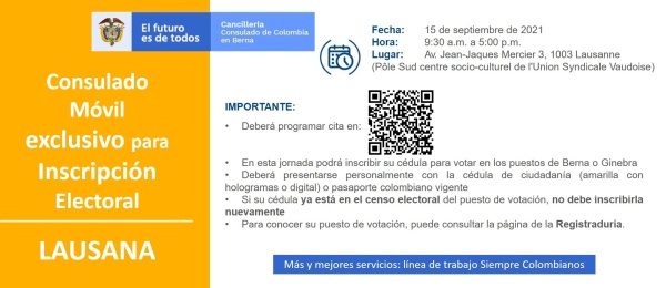 Consulado de Colombia en Berna realizará un Consulado Móvil en Lausana exclusivo para inscripción electoral, el 15 de septiembre de 2021