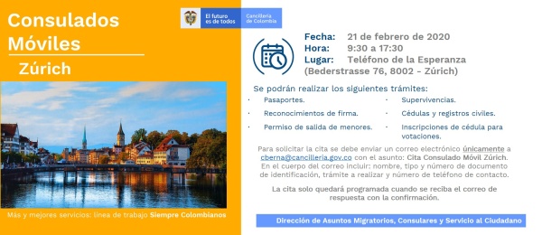 Consulado de Colombia en Berna realizará un Consulado Móvil en Zúrich, el 21 de febrero de 2020