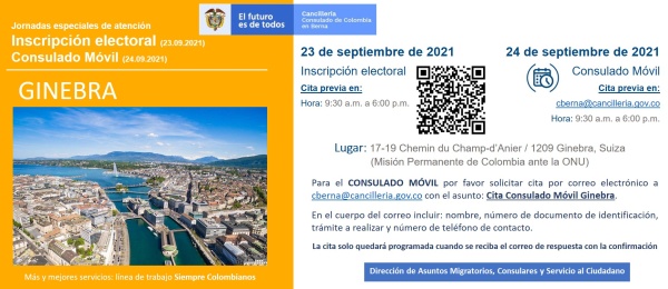 Consulado de Colombia en Berna llegará a Ginebra con una jornada de inscripción electoral y un Consulado Móvil, los días 23 y 24 de septiembre de 2021