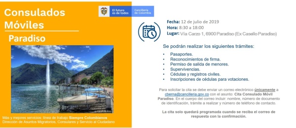 El Consulado de Colombia en Berna realizará un Consulado Móvil en Paradiso el 12 de julio de 2019