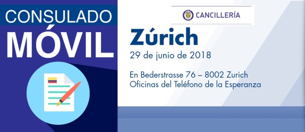 El Consulado de Colombia en Berna estará con su unidad móvil en Zúrich el 29 de junio de 2018